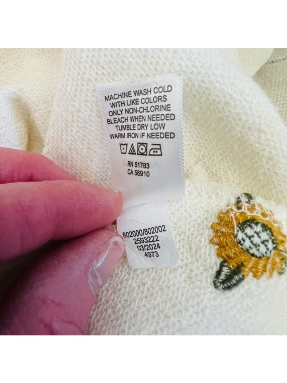 NWOT Sunflower Embroidered Hoodie Cream Lightweight Boho Floral Pullover Cottage - Picture 10 of 13